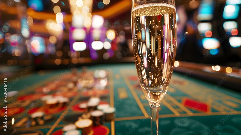 Cinematic wide angle photograph of a glass of champagne in a casinos roulette table. Product photography. Advertising.