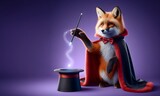 A Fox in a Magician's Cape Performing a Magic Trick with a Wand and a Top Hat. Mystical Side Composition on a Purple Background with Copyspace.