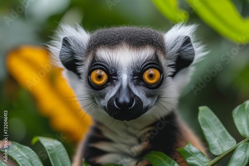 A curious lemur gazes directly into the camera, its wild spirit and unique features embodying the untamed beauty of madagascar's diverse fauna photo