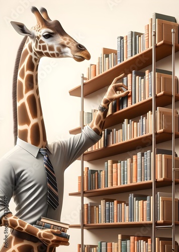 A Giraffe in a Necktie Reaching for Books on a High Shelf in a Library. Intellectual Side Composition on an Ivory Background with Copyspace. © pwkgfx