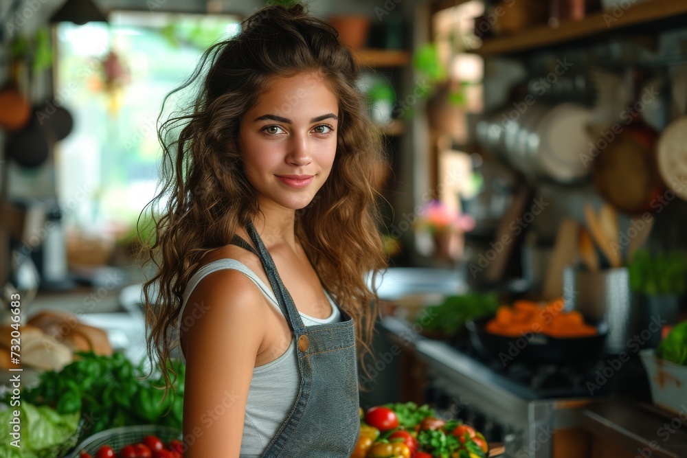 A young woman with a gentle smile stands confidently in her kitchen, surrounded by the vibrant colors of fresh vegetables, a symbol of her nurturing nature and love for wholesome food