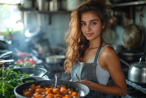 A focused woman in a vibrant kitchen gracefully stirs vegetables in a wok, her determined human face illuminated by the indoor light as she creates a delicious meal
