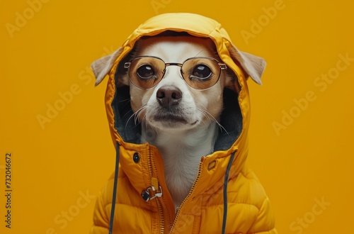 a dog wearing a yellow jacket