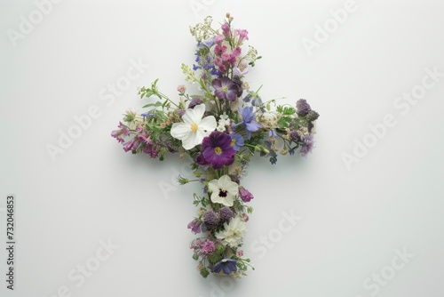 a cross covered with flowers some with blue Generative AI photo