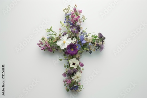 a cross covered with flowers some with blue Generative AI