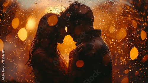 Simple yet evocative image of a couple embracing tenderly amidst the raindrops