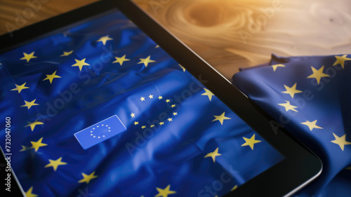 tablet displaying the European Union flag and data analytics, representing technology and data governance in the EU