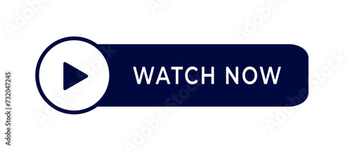 Dark blue watch now viedo play button banner isolated on white background.Flat style vector design.