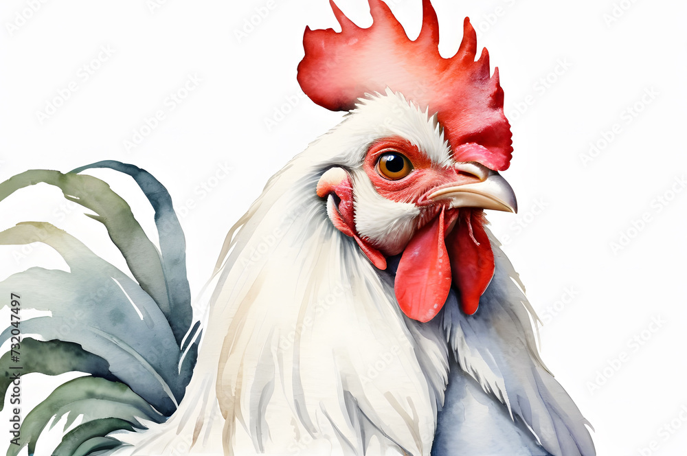 Rooster farm animal in a watercolor style isolated. Rooster Portrait. Watercolor painting on white background.