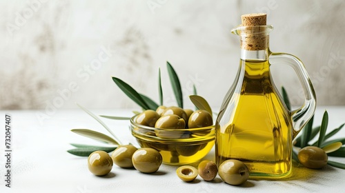 Bowl of fresh olive oil and olives with leaves isolated on a white background. Gourmet presentation