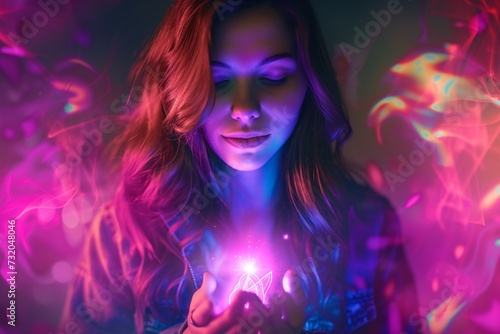Woman with glowing chakra on purple background