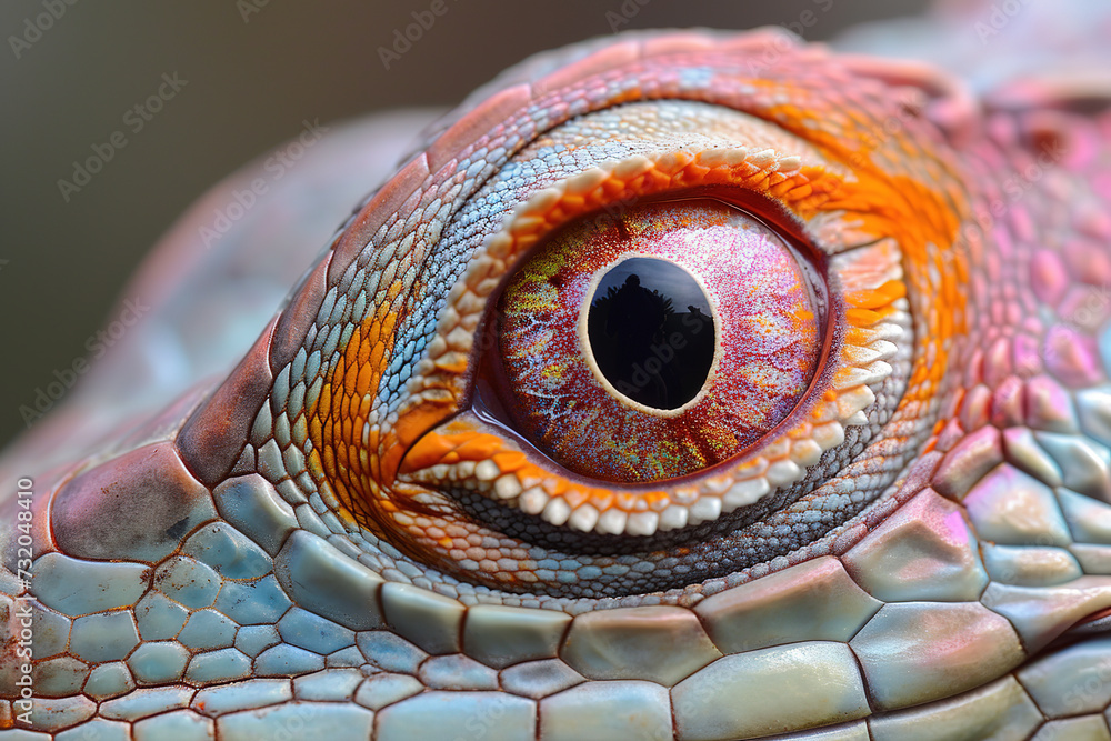 Naklejka premium The eye of a lizard in pink, orange and light green colors