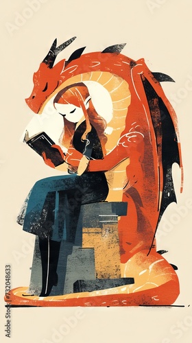 cartoon dragon hugs a stack of books. Concept: love of reading and education, mythical animal character learn 