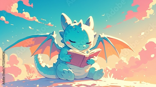 cartoon dragon hugs a stack of books. Concept: love of reading and education, mythical animal character learn 