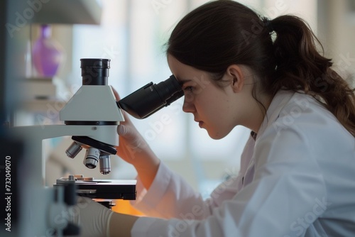 Young woman technician is examining a histological sample, a biopsy in the laboratory of cancer research