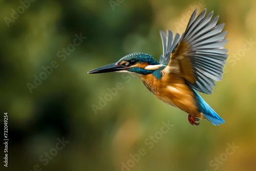 A common kingfisher takes flight with breathtaking agility, Gracefully slicing through the air, its vibrant plumage flashing like a sapphire jewel against the backdrop photo