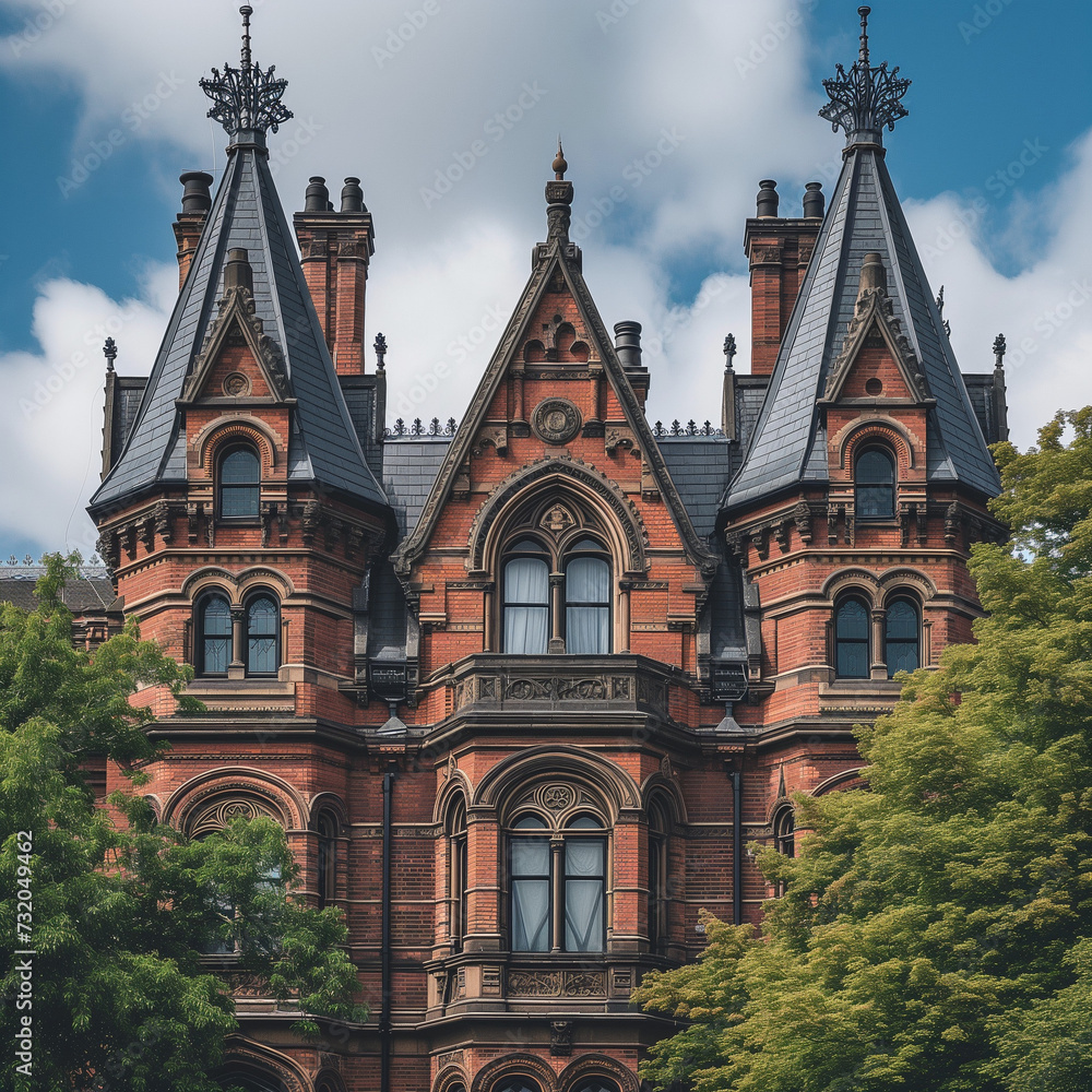 Victorian Gothic Architecture Amidst Lush Greenery Victorian Gothic Architecture Amidst Lush Greenery