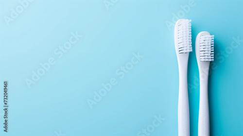 blue and white toothbrushes laying on a blue surface