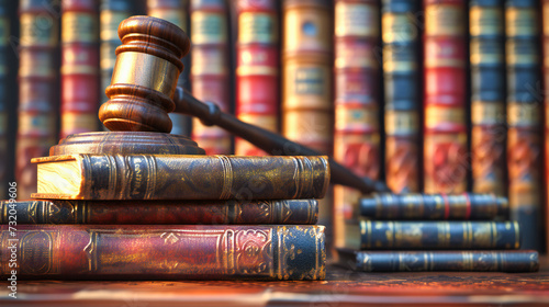 Legal Justice System: Wooden Gavel and Law Books Symbolize Authority. Concept of Fair Trial and Legislation