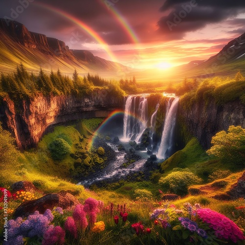 Rainbow over the waterfall. Fantastic fantasy landscape. Beautiful nature background. 