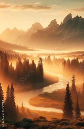 Foggy autumn landscape with mountain lake and pine trees in the foreground. 