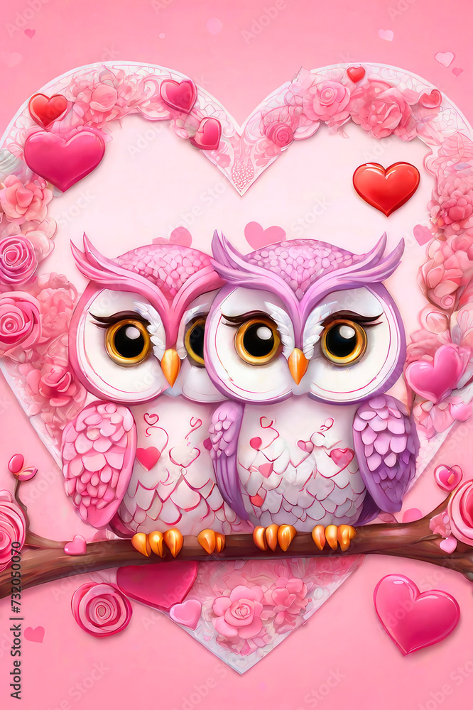 A  couple of  very cute two pink owls on a branch. Concept of love confession.