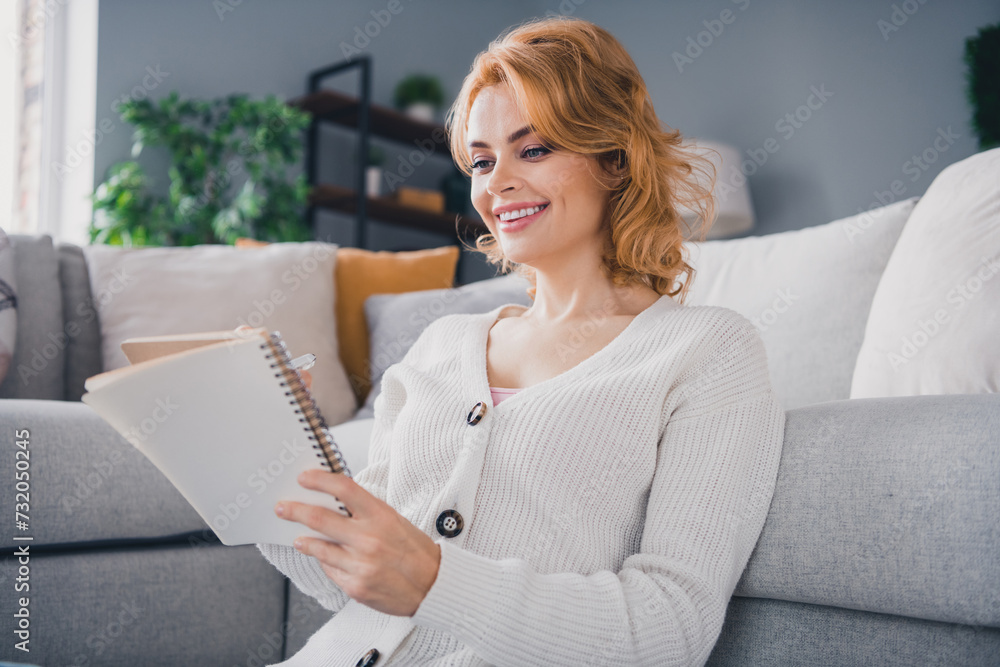 Portrait of nice cheerful girl toothy smile hold pen take notes notepad free time morning house indoors - obrazy, fototapety, plakaty 