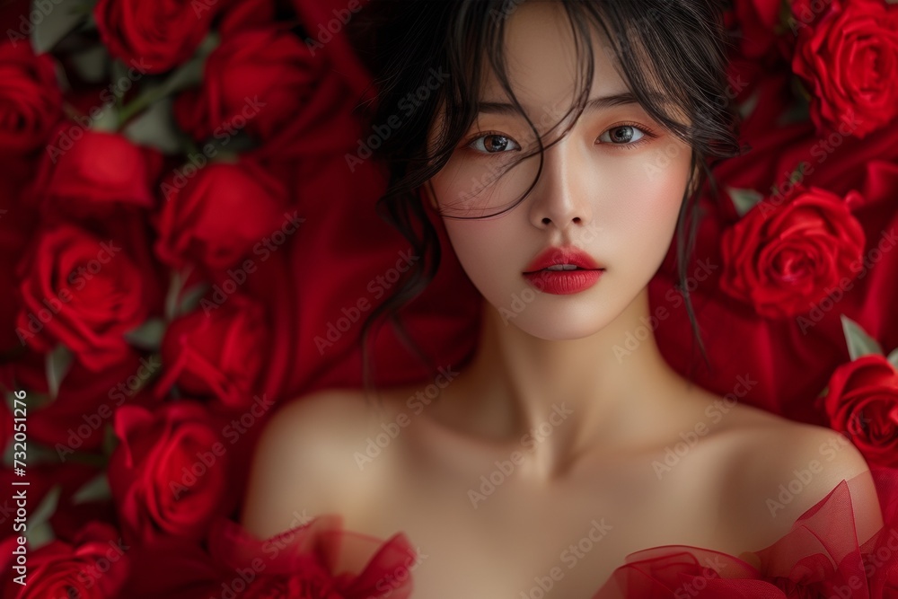 An ethereal asian woman with captivating dark eyes and red lips, surrounded by an abundance of luxurious red roses, embodies timeless beauty and elegance, symbolizing celebration Valentine's Day