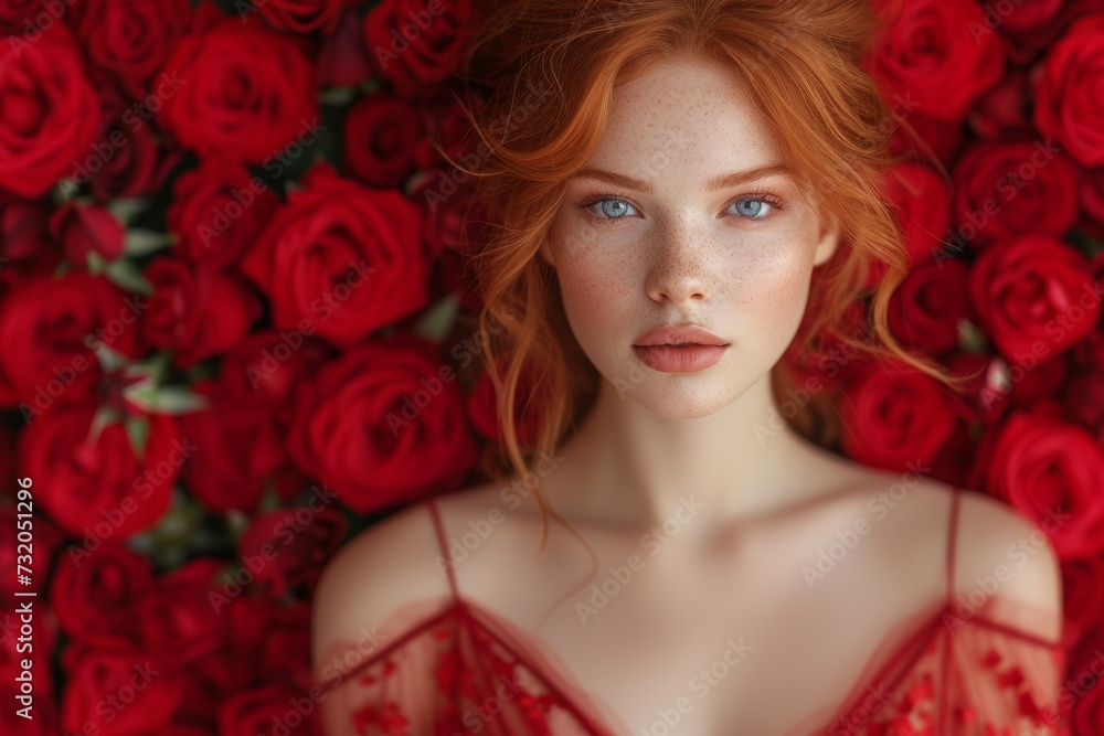 Portrait of a red-haired irish woman with striking blue eyes and freckles, set against a backdrop of red roses, symbolizing celebration Valentine's Day