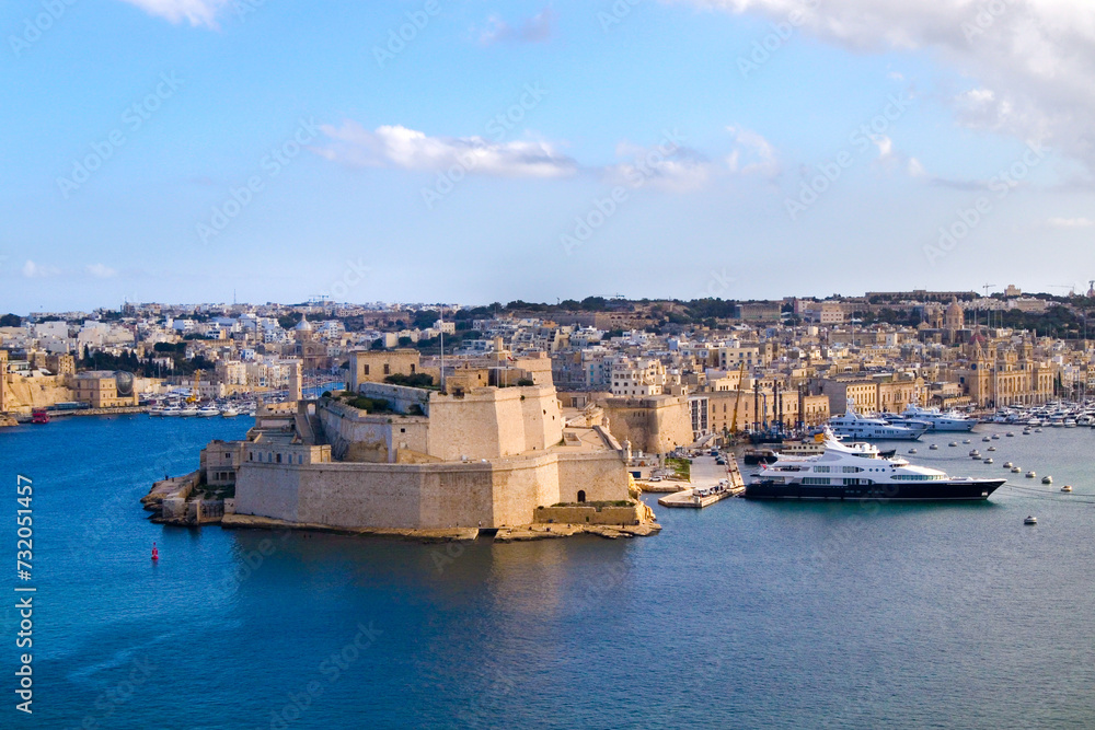 Panorama of Birgu and Senglea from Upper Barrakka Gardens in Valletta, Malta