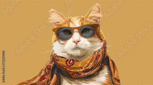 orange and white calico cat in sunglass shade glasses and a paisley scarf around the neck isolated on solid golden brown background   