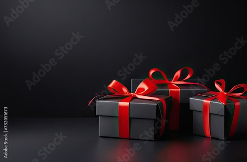 Black Friday sale concept. Image with some stylish black gift boxes and red ribbon on black background.