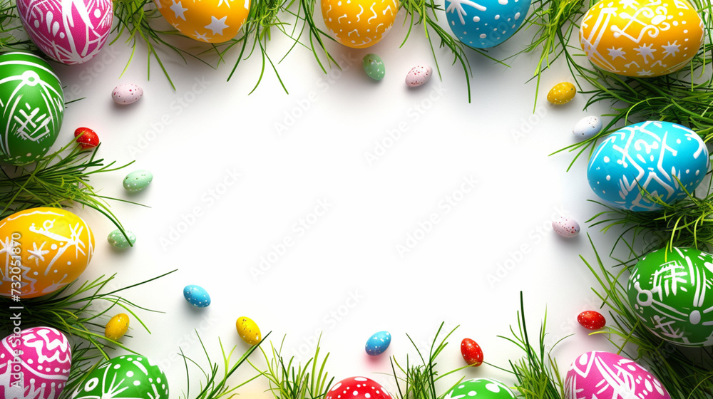 Easter Design: Artistic Frame with Colored Eggs and Grass Filigree on a White Background. Festive Clipart with Plenty of Space to Customize Your Own Text. Easter Design: Artistic Frame with Colored Eggs and Grass Filigree on a White Background. Festive Clipart with Plenty of Space to Customize Your Own Text.