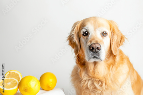 A portrait of a cute Golden Retriever dog sitting on the floor, on white background.