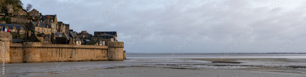 Stonewall of Mont Saint Michel with beach at low tide, Panorama