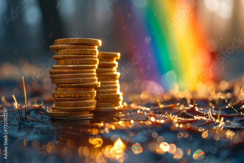 Stack of gold coins and rainbow on blurred background. Festive backdrop for St. Patrick's Day, holiday or event. Greeting card, banner, poster, flyer with copy space