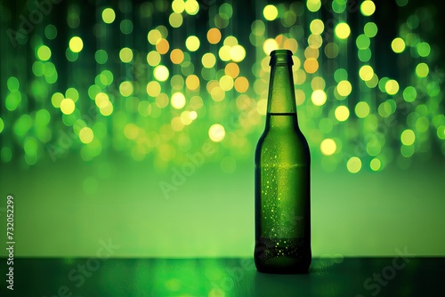 Template of empty bottle of cold beer with drops isolated on blurred green background. Cold refreshment, alcohol drink. Oktoberfest and St. Patrick's day celebration in a pub or bar. Mockup for design