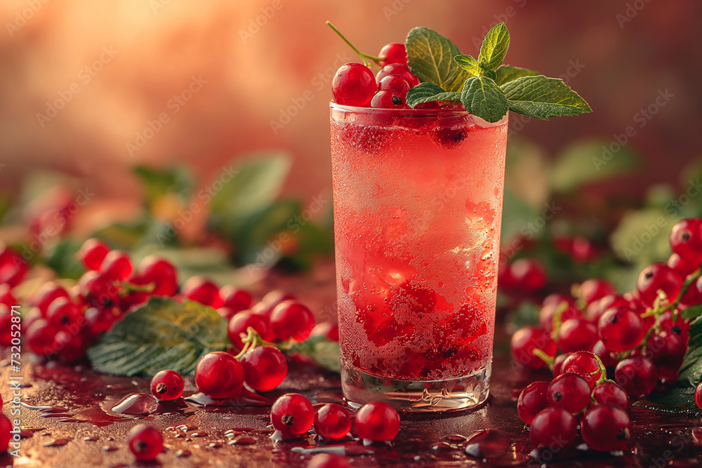 A red currant spritzer stands on the table in a glass glass. A red currant spritzer stands on the table in a glass glass.