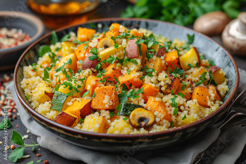 Millet with creamy vegetables, courgette, sweet potatoes and mushrooms.