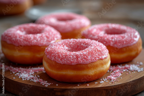 Donuts with pink glaze and sugar granules on a wooden board.