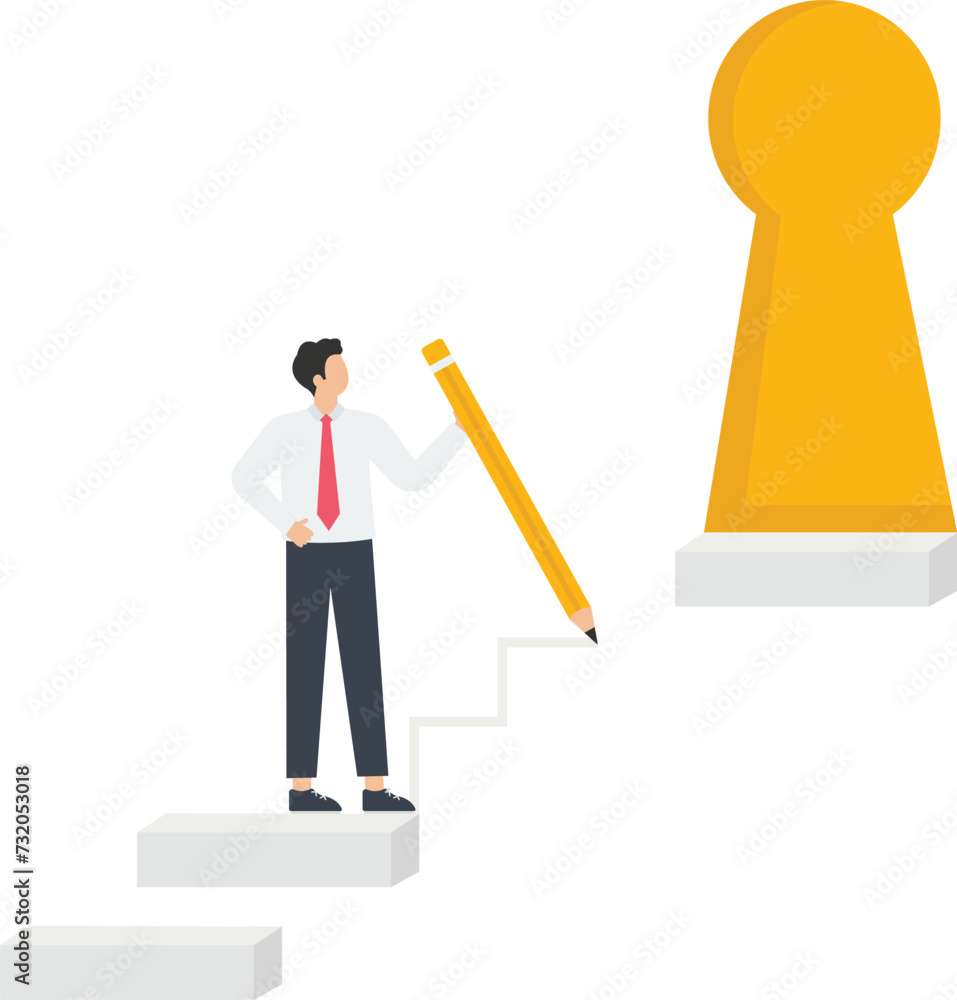 Searching for new opportunities and a way out of a difficult situation, developing an effective business strategy, creativity and innovation on the way to success, man draws steps to the keyhole-door
Searching for new opportunities and a way out of a difficult situation, developing an effective business strategy, creativity and innovation on the way to success, man draws steps to the keyhole-door