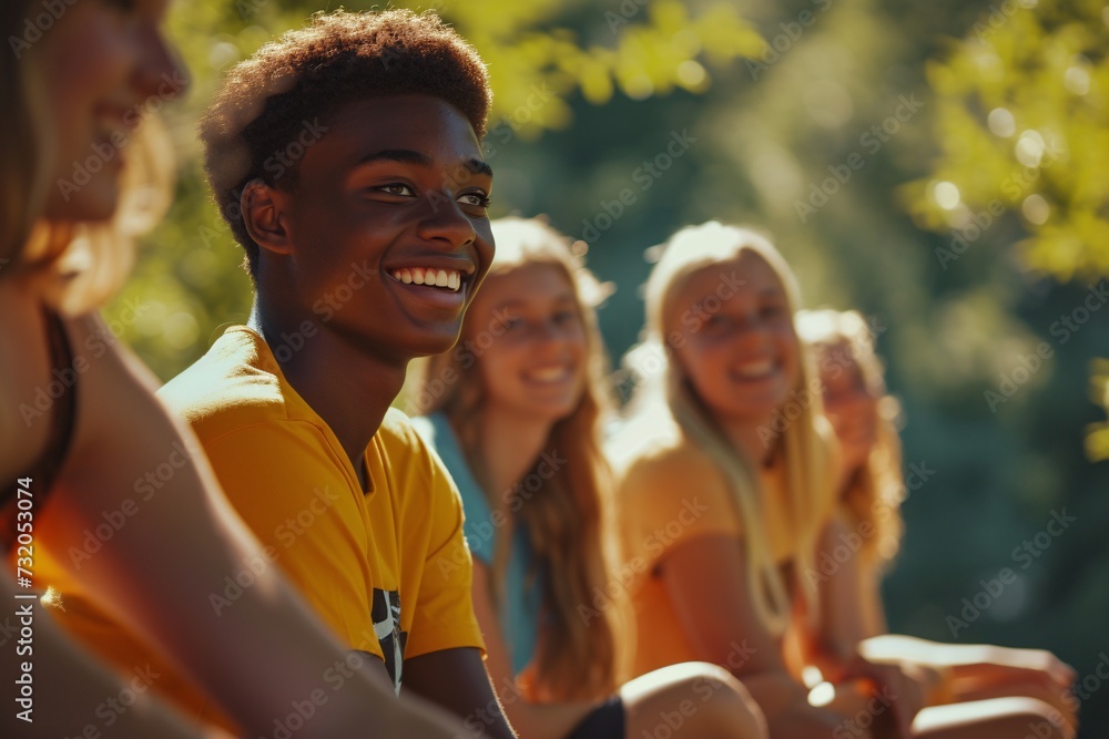 Smiling friends cherish the joy of companionship. Happy group revels in festivities, background lively. Smiling friends cherish the joy of companionship. Happy group revels in festivities, background lively.