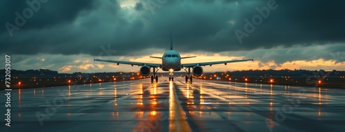 the image of one jet landing on an airport runway in the evening