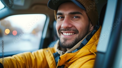 Minimalist backdrop with a smiling young taxi driver, radiating warmth and fr...