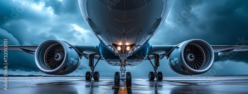 the engine of an airplane is parked on the runway