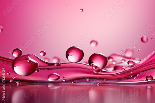 Magenta background with transparent water drops close-up.