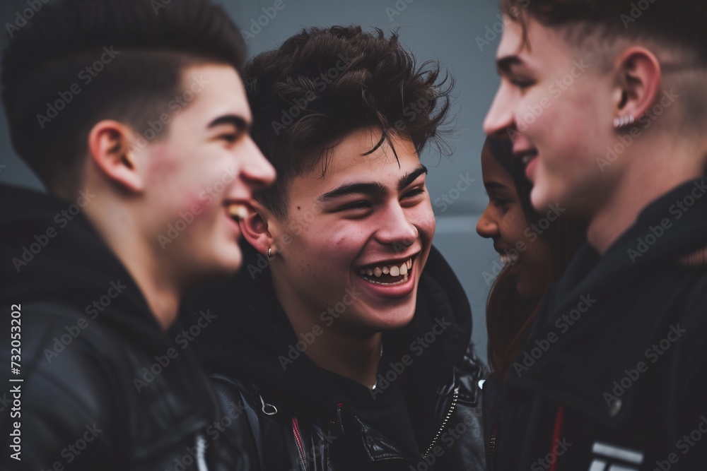 Young people share laughter, spreading joy. Happy friends gather for festivities, background lively. Young people share laughter, spreading joy. Happy friends gather for festivities, background lively.
