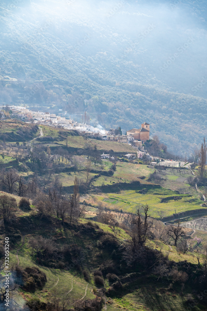 Vertical view of the Poqueira ravine with the Granada town of Pampaneira in La Alpujarra