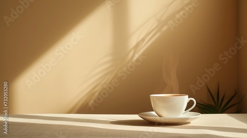 Minimalist photo featuring a cup of steaming tea on a clean, neutral background