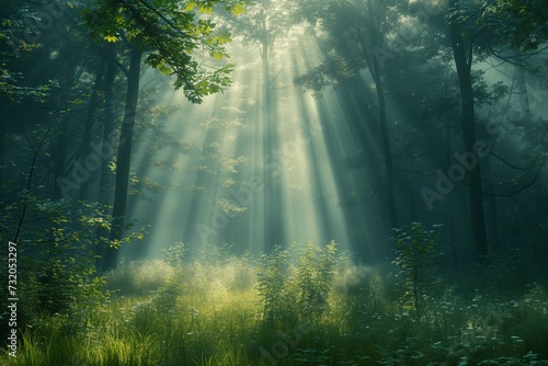 soft light filters through a serene forest, creating gentle shifts in form and shadows on the forest floor, to convey peace and tranquility © EyeAmAmazed